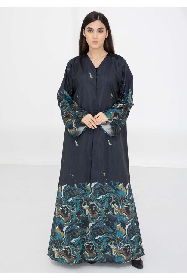 Black Taffeta Printed Open Abaya – Effortless Elegance