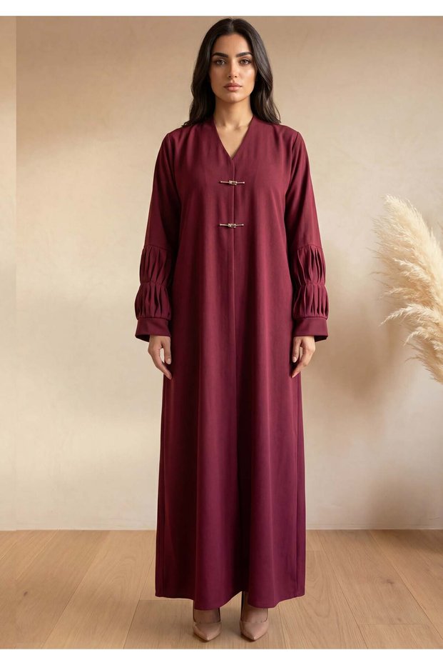 Maroon Crepe Abaya with Pleated Cuffs & Matching Chiffon Hijab