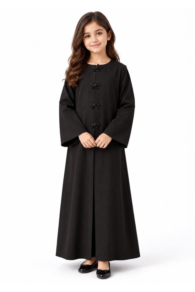 Girls’ Black Bella Crepe Abaya with Flower Buttons | UAE Made