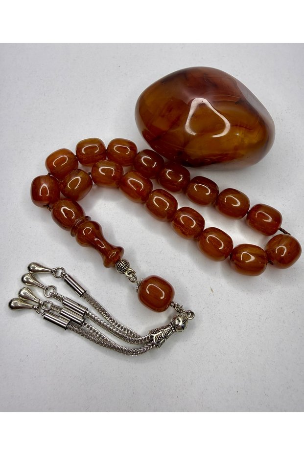 13.5/14.3 mm Ottoman Simulated Burnished Stick Crimped Amber Prayer Beads