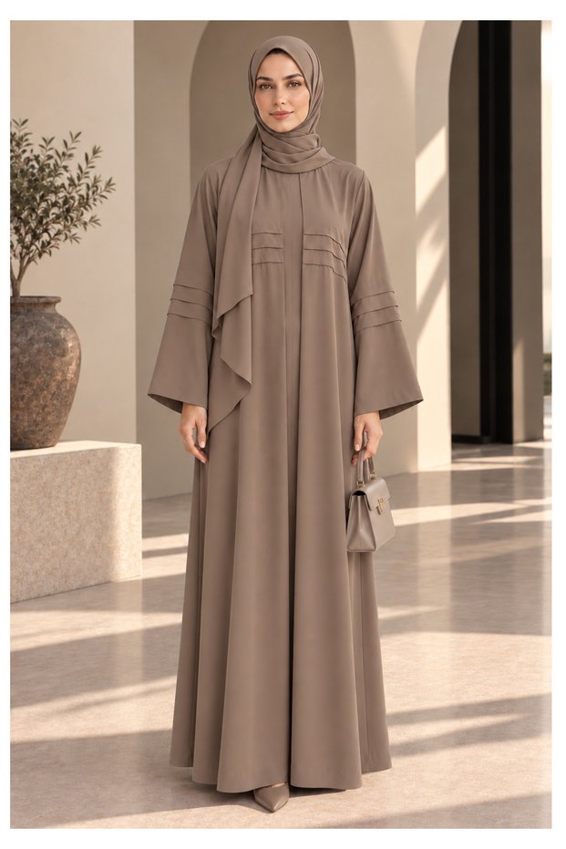Mocha Taupe Nida Abaya with Layered Front & Signature Pleated Details