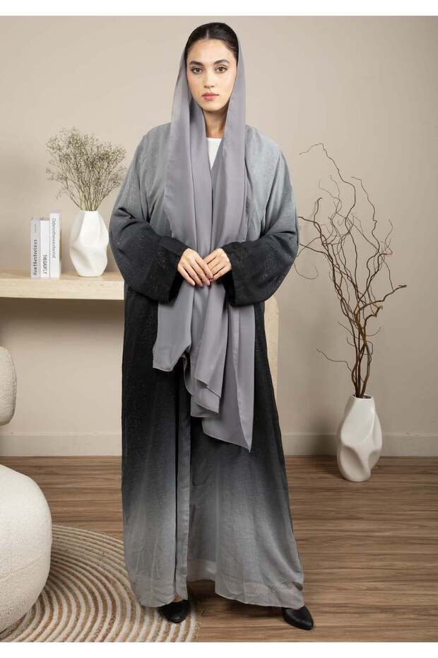 Front Open Black Double Shades Chiffon Abaya with Glitter and Matching Sheila