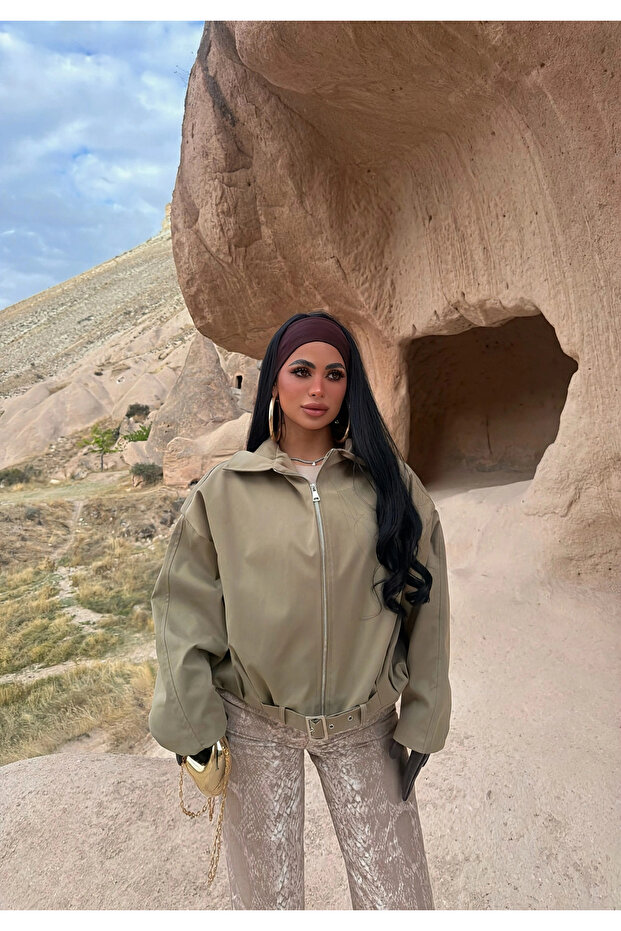 Khaki Belted Oversize Bomber Jacket