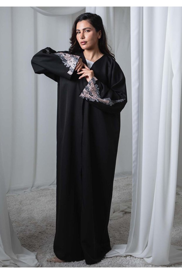 Black Barbie Crepe Abaya with Contrast Thread Work on Sleeves with Sheila