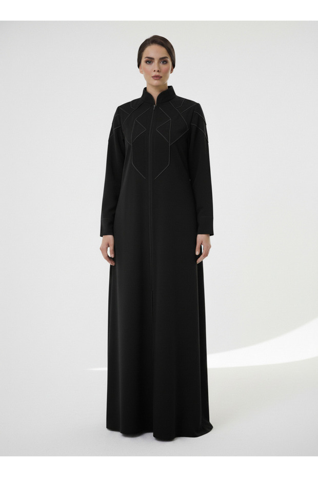 Geometric Panelled Design Black Abaya with Plain Chiffon Headscarf
