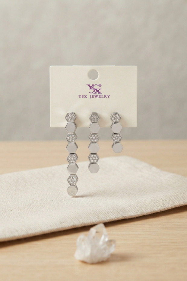 Brass Silver Color Honeycomb Model Women's Earring Set -