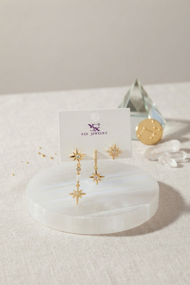 Brass Gold Color Zircon Stone Pole Star Model Women's Earring Set -