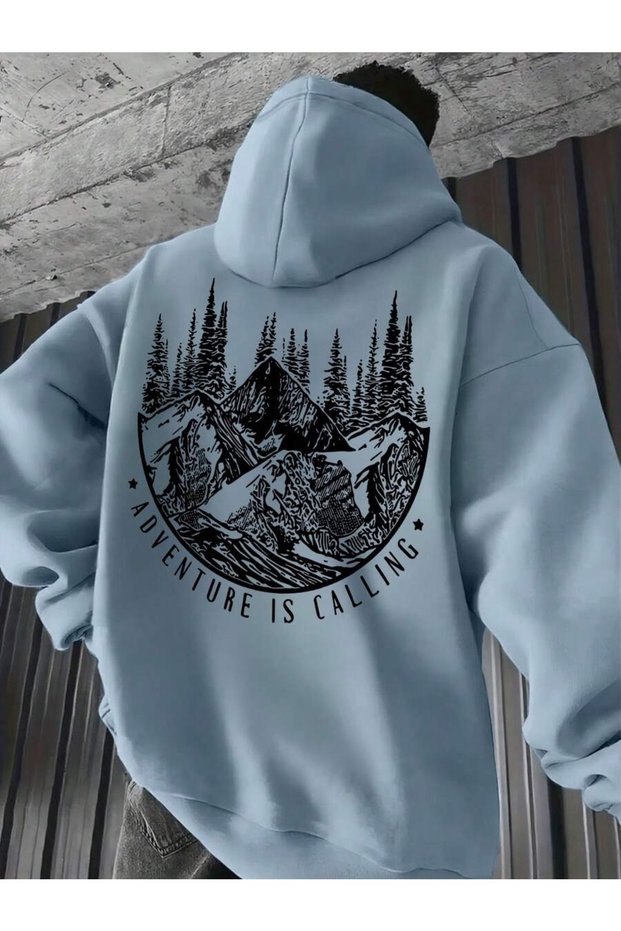 Unisex Hooded Zippered Sweatshirt Blue Oversize 3 Thread Lined