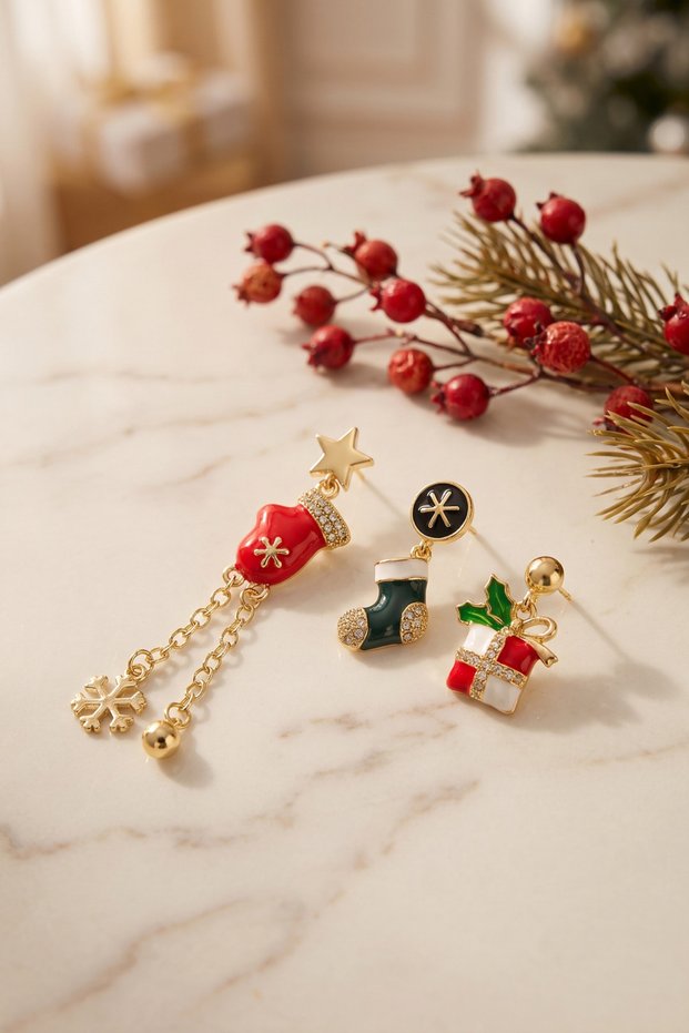 Gold Santa Claus Hat Zircon Stone Chain Christmas Earrings -
