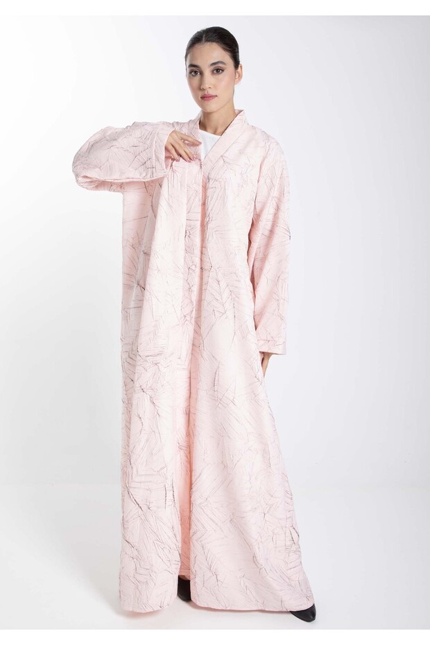 Pink Jacquard Abaya with Black Crushed Lines