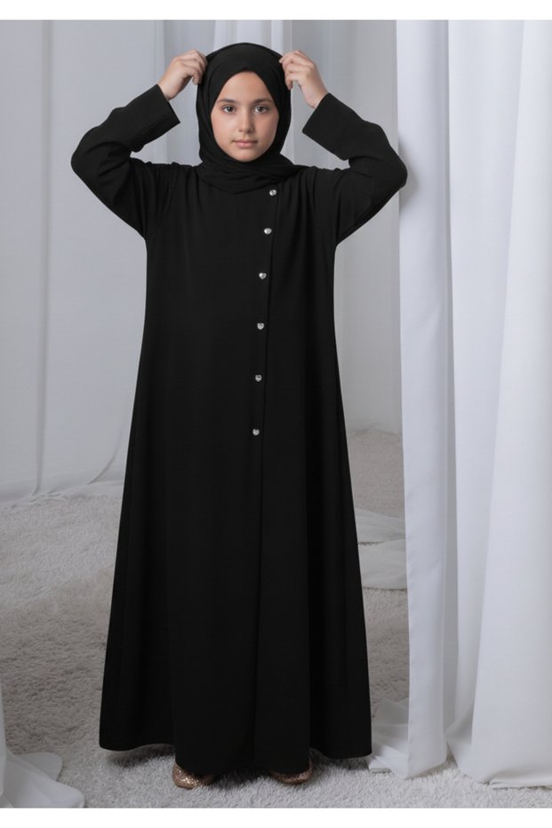 Black Kids Abaya with Matching Hijab for Girls Korean Nida Fabric Modest Islamic Dress 9 Colors