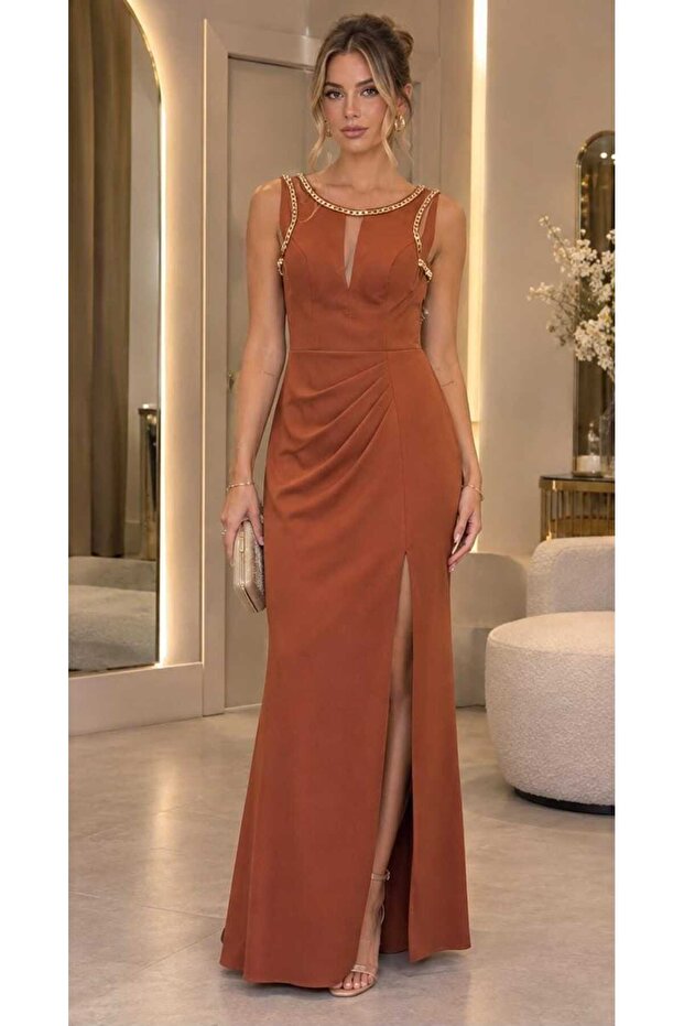 Zero Sleeve Chain Detailed Wedding Engagement Graduation Long Evening Dress
