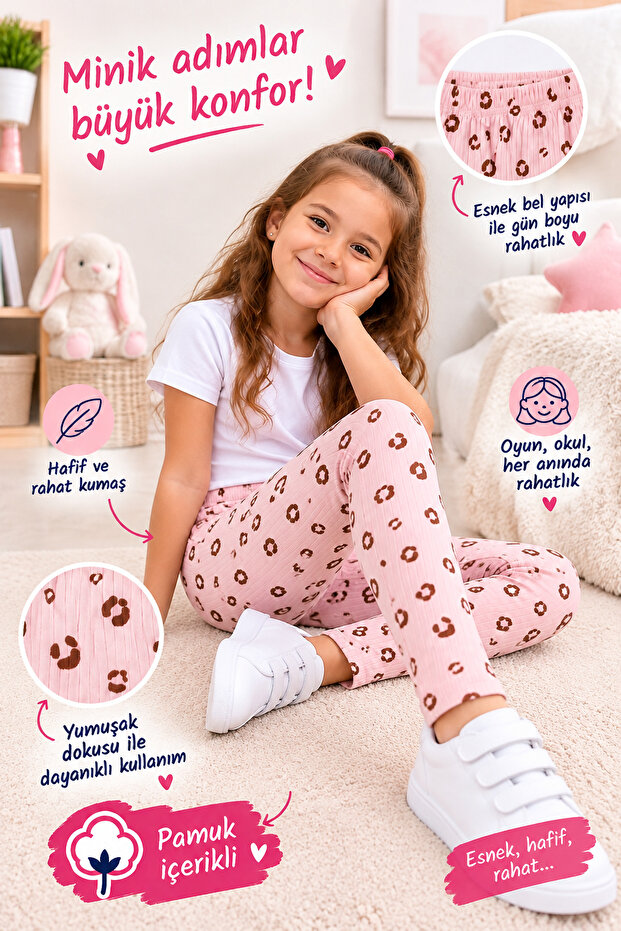 Girl's Patterned Flexible Anti-Sweat Cotton Report Waist Elastic Leggings