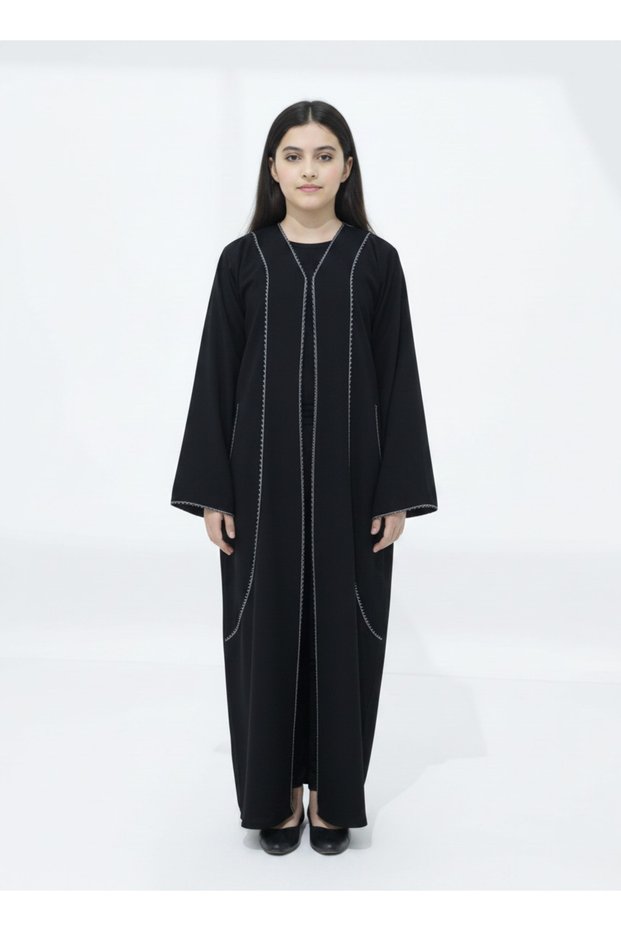 Melange Fabric Black Kids Abaya with Lace On Front & Cuffs – Elegant Girls Modest Wear