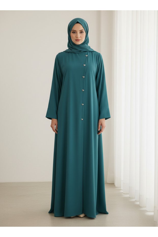 Green Korean Nida Abaya – Asymmetrical Button Design with Matching Chiffon Headscarf