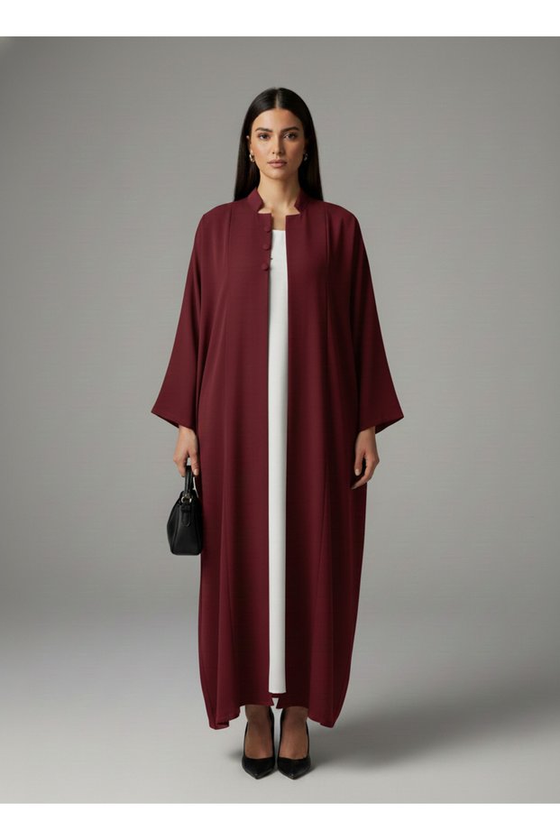 Signature Korean Nida Maroon Open Abaya Minimalist High-Neck Design