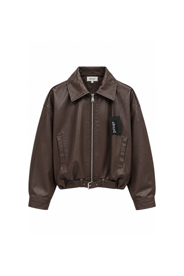 Belted Faux Leather Jacket Brown