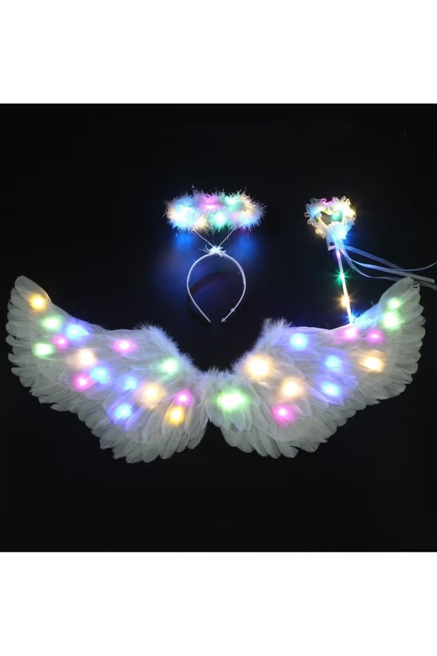 Wing Costume Kids,Feather Wings and Halo with LED Lights,Headband Tulle Tutu Skirt Fairy Magic Wand Carnival Cosplay Costume for Girls(3pcs set)