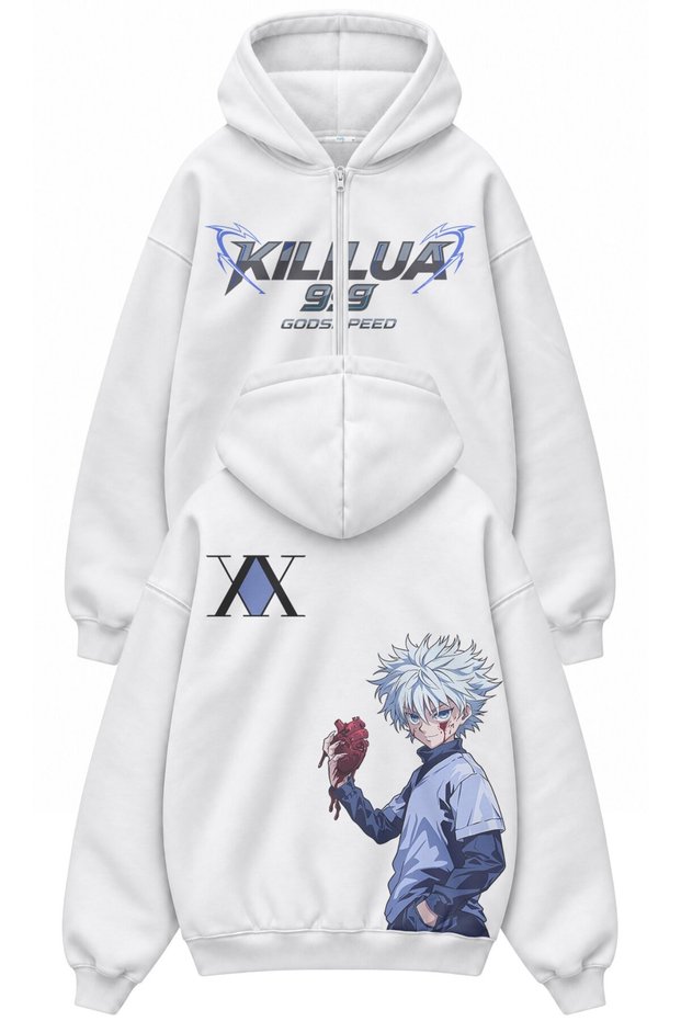 Unisex Oversize Hxh Killua Godspeed 99 Back Printed Hooded Zipper Anime Zip Hoodie