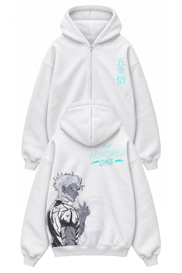 Unisex Oversize Jjk Gojo the Honored One Back Printed Hooded Zipper Anime Zip Hoodie
