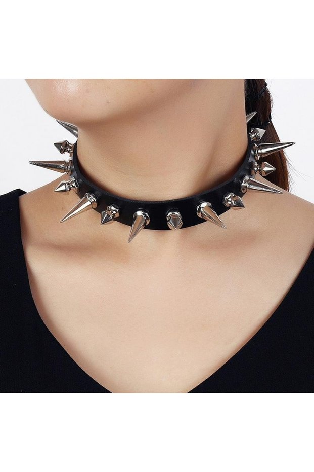 Gothic Punk Metal Studded Black Choker Neck Collar Necklace Unisex Long Spike Choker Punk Faux Leather Collar Goth Style Necklace Accessories