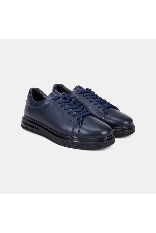Men's Navy Blue Lace-Up Leather Casual Sports Shoes