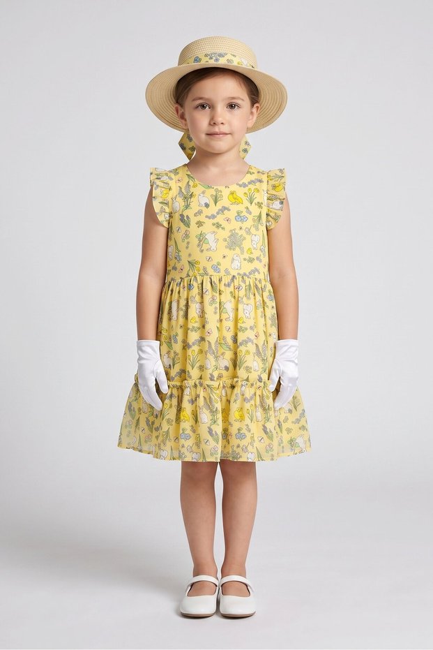 Kids Girl 3 Pcs Allover Print Dress And Hat With Gloves, Multicolor
