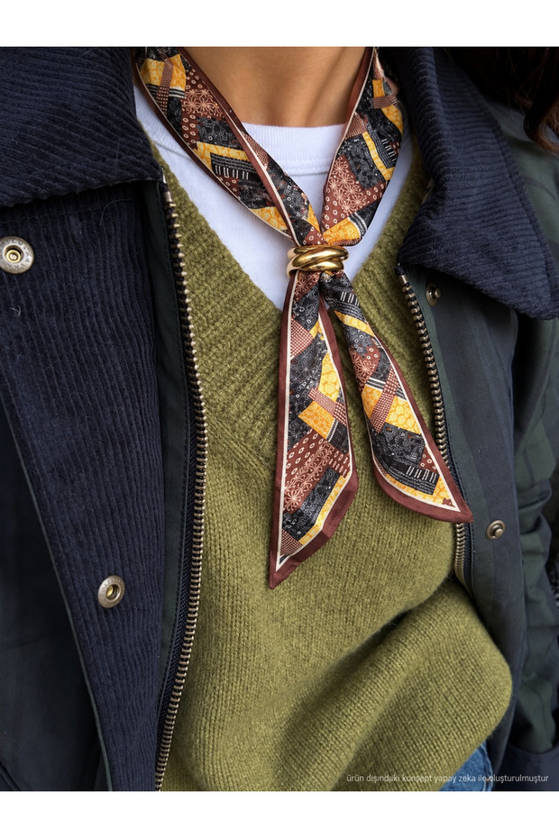 Coffee Patterned Thin Scarf with Gold Buckle