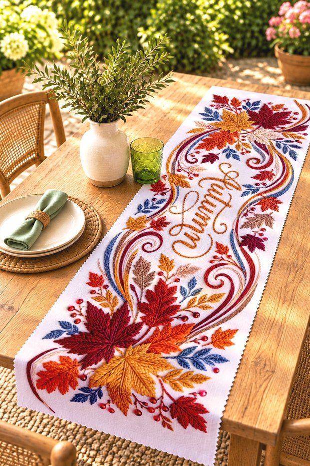 Embroidered Autumn Leaves Patterned Runner / Tablecloth / Placemat