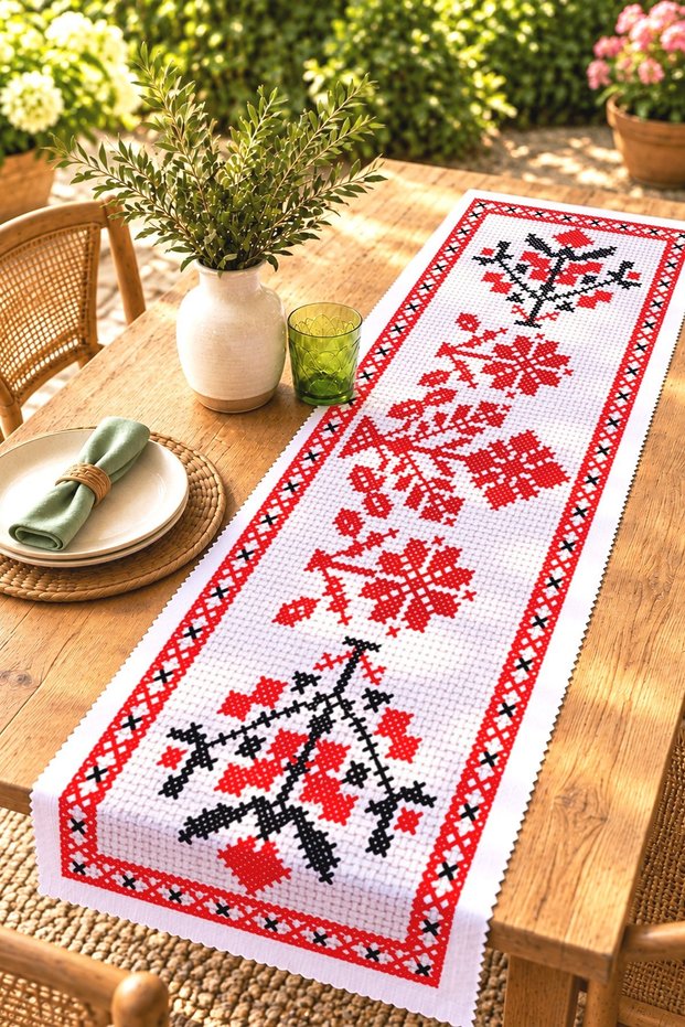 Red Cross-Stitch Patterned Runner / Tablecloth / Placemat