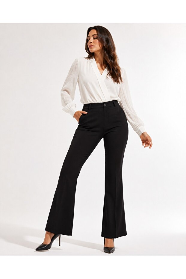 Women's Black High Waist Spanish Flare Pants with Pockets