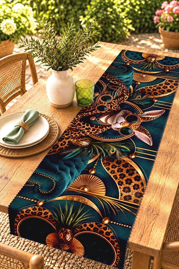 Emerald Green Rabbit Patterned Runner / Tablecloth / Placemat