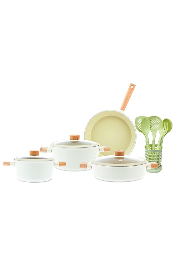 Swiss Crystal 13-Piece Ceramic Cookware Set with Utensils, White Beige