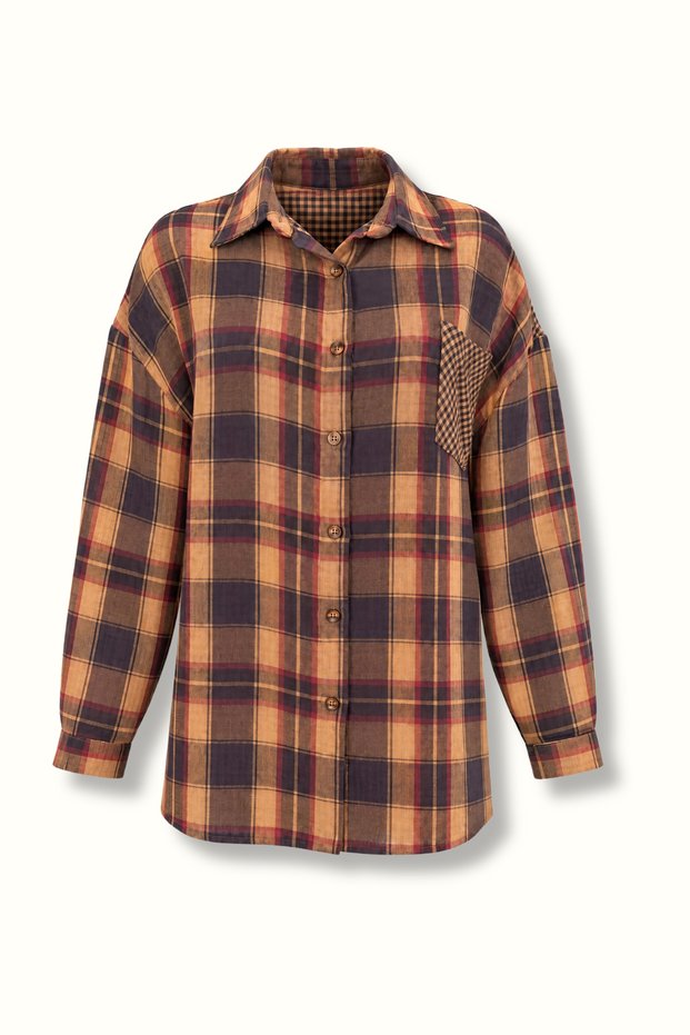 Single Pocket Oversize Camel Plaid Shirt