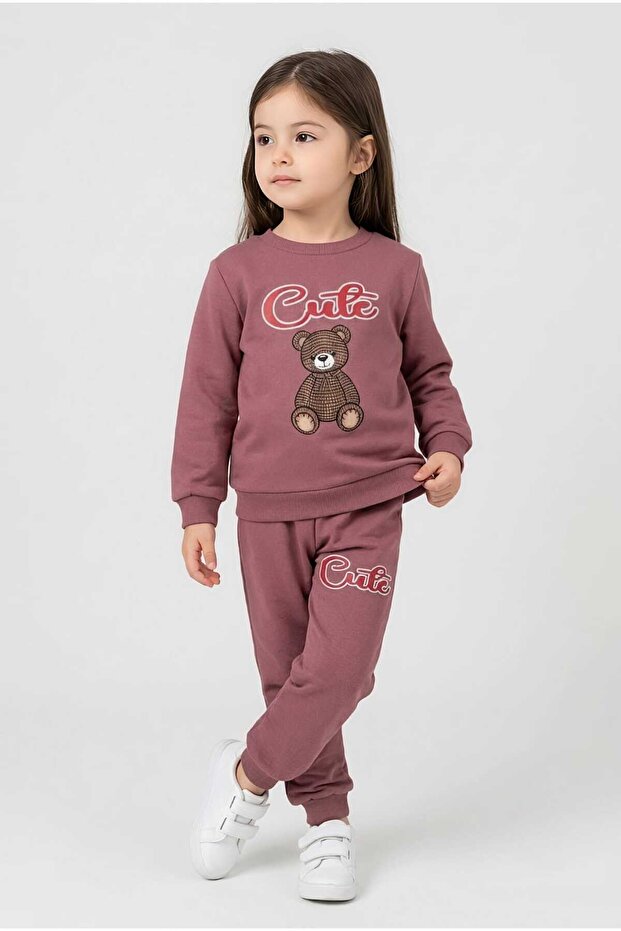 Printed Three-Thread Shardooned Combed Cotton Sweatshirt Children's Set