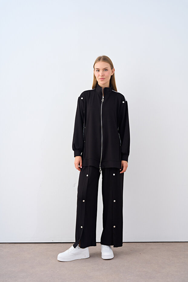 Women's Stripe Garnished Snap Detail Tracksuit Set Black