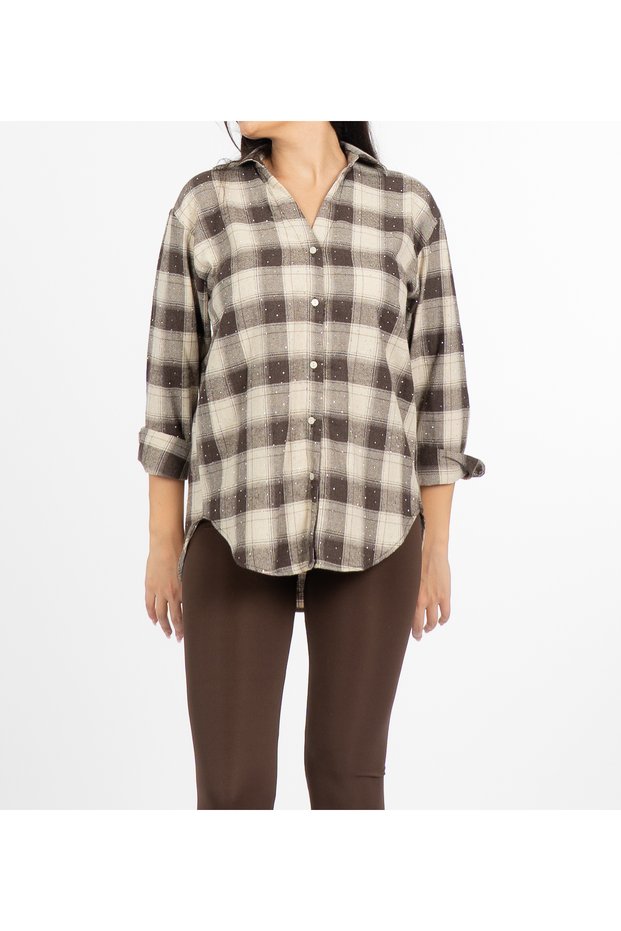 Women's Winter Mink Livia Sequin Stone Printed Plaid Pattern Lumberjack Shirt 3034