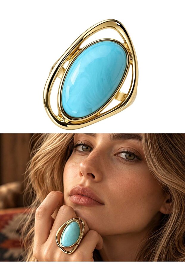 Adjustable Oval Stone Detailed Vintage Ring Women's Turquoise