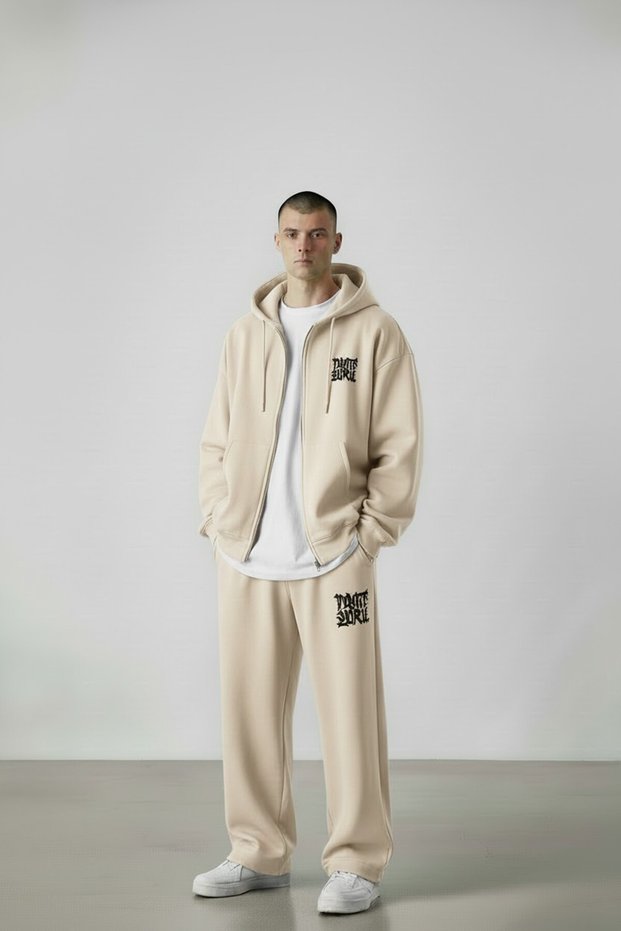 Men's Beige Printed Hooded Jacket Baggy Tracksuit Set