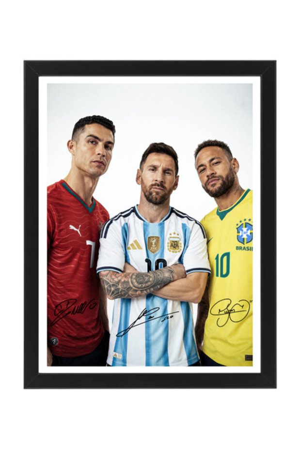 Ronaldo,l Messi & Neymar Jr Framed Poster with Printed Autographs Size 30 x 40cm -Football Legends Wall Art Decor for Bedroom & Gaming Room – Soccer Fans Gift
