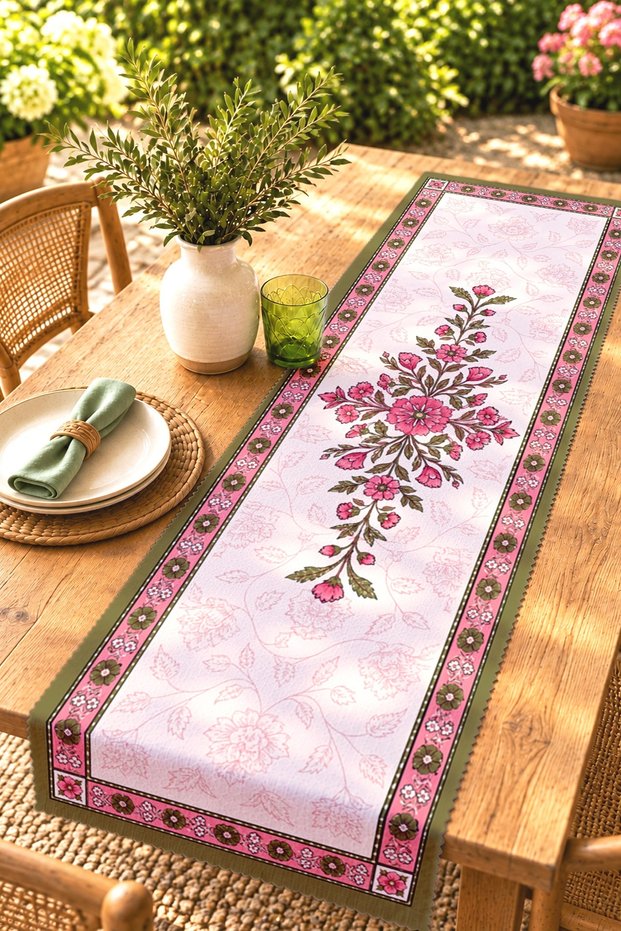 Pink Embroidered Floral Patterned Runner / Tablecloth / Placemat