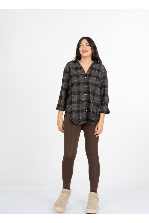 Women's Winter Coffee Livia Sequin Stone Printed Plaid Pattern Lumberjack Shirt 3034