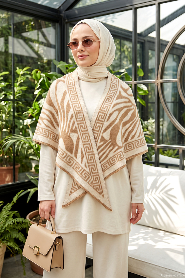 Women's Zebra Patterned Cashmere Textured Triangle Shawl 1309 Camel