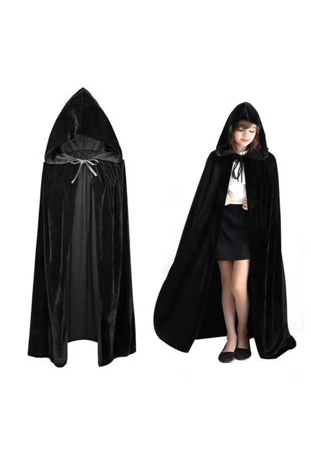 130cm Velvet Hooded Cloak for Teenagers and Adults, Party Cape for Witch Vampire Cosplay, Unisex Hooded Cape Cosplay Costume, for Women Men (Black)