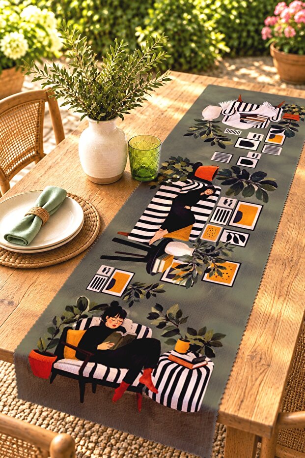 Bookworm Girl Patterned Runner/Tablecloth/American Service Tablecloth