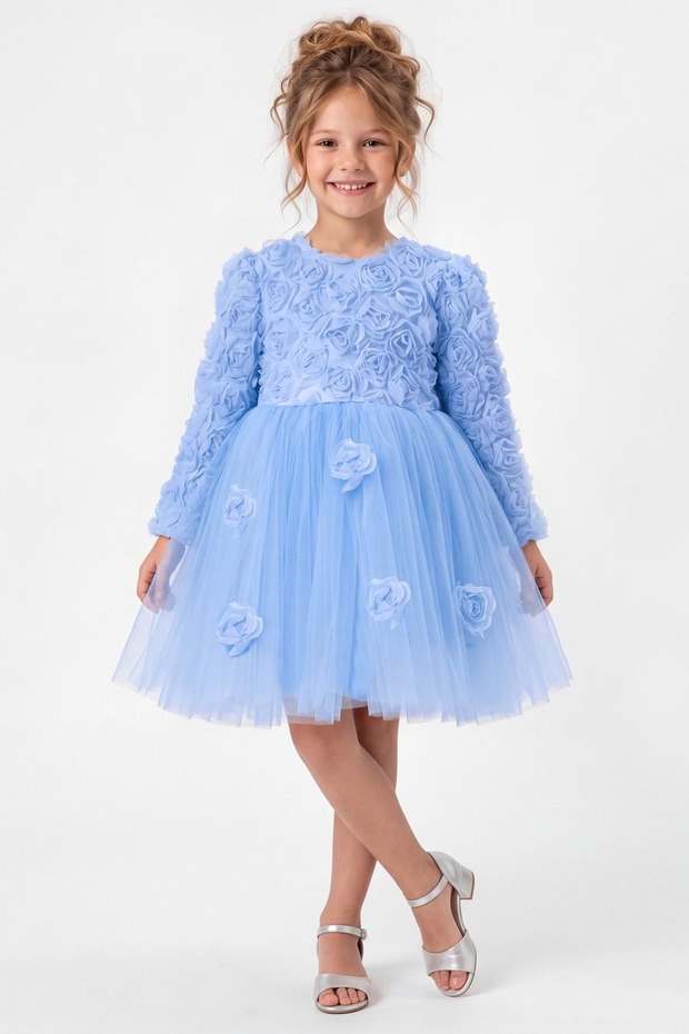 Rozella Rose Detailed Long Sleeve Girls Tutu Dress Evening Dress M00879 Blue