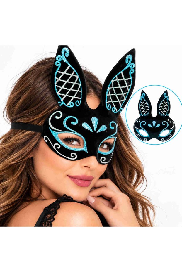 Suede Covered Embroidered Rabbit Mask – Black Turquoise Silver