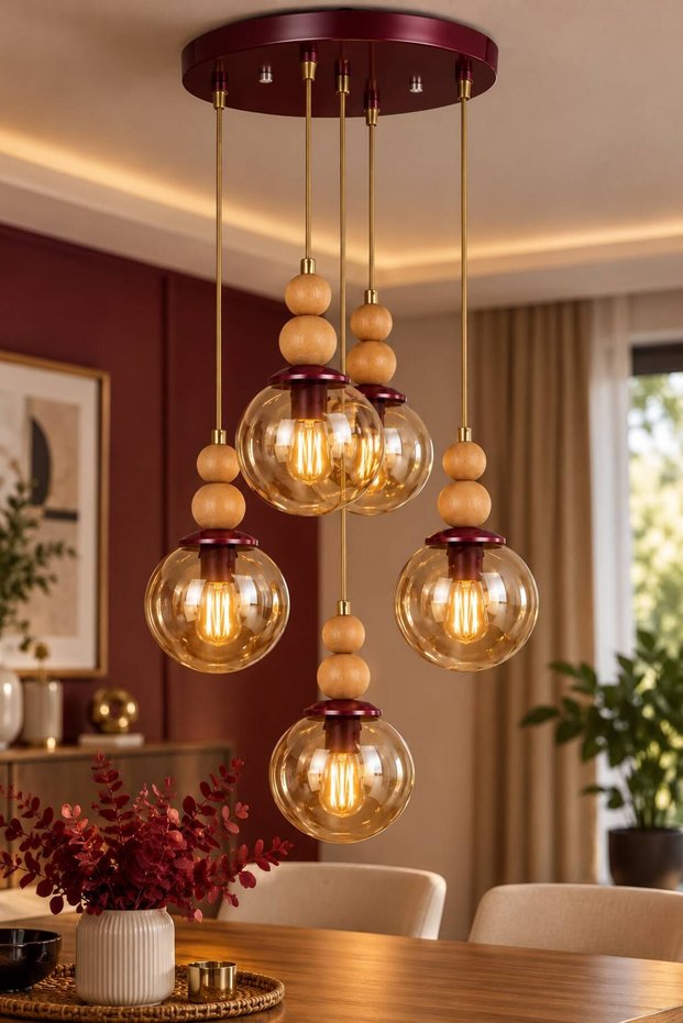 Vi̇ona 5-Piece Round Set | | Cherry Rot Burgundy Chandelier | | Honey Glop with Glass Jar | | Antique Cabled | | Natural Wood Detail Chandelier ✨ Ceiling Mounted ✨ Living Room Chandelier Chandelier Models Ceiling Lamp Glass Chandelier