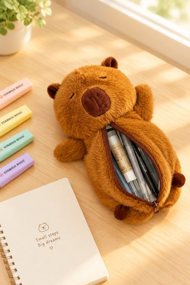 New Cute Capybara Plush Pencil Case - Soft Textured Zippered Large Size Pencil Case Makeup Bag