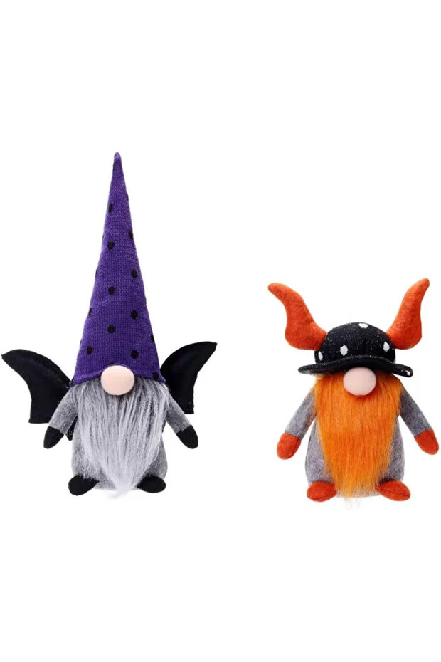 Halloween Rudolph Faceless Gnome Doll with Bat Wings & Purple Polka Dot Knit Hat, Nordic Dwarf Figurine, Table Window Entryway Decor, Spooky Cute Halloween Home Ornament